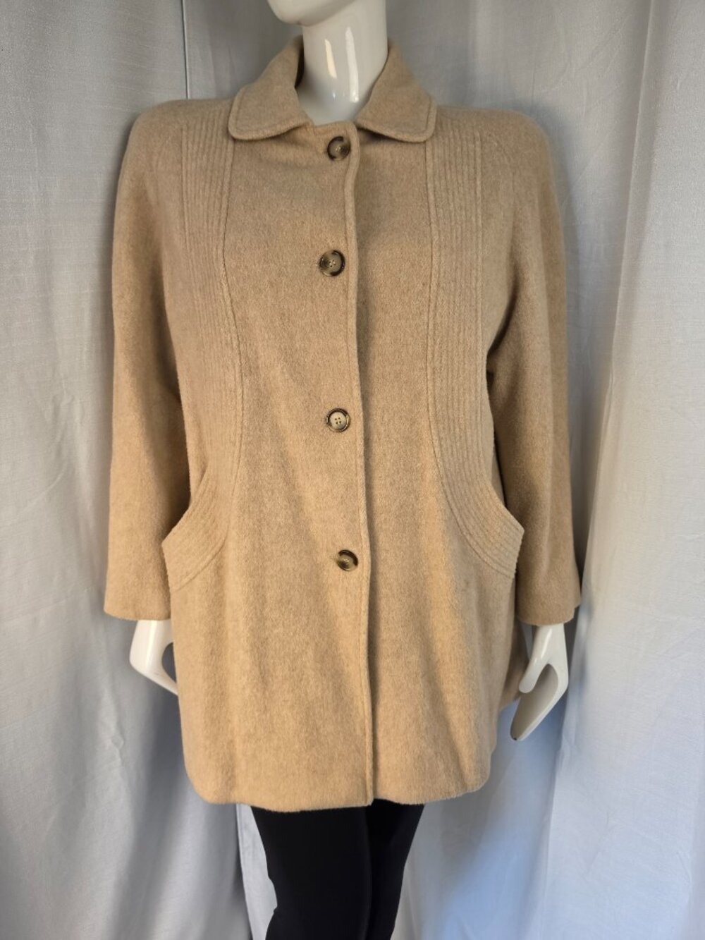 Cabin Creek 80% Wool Lined Tan Button Front Topstitched Winter Coat Size 14